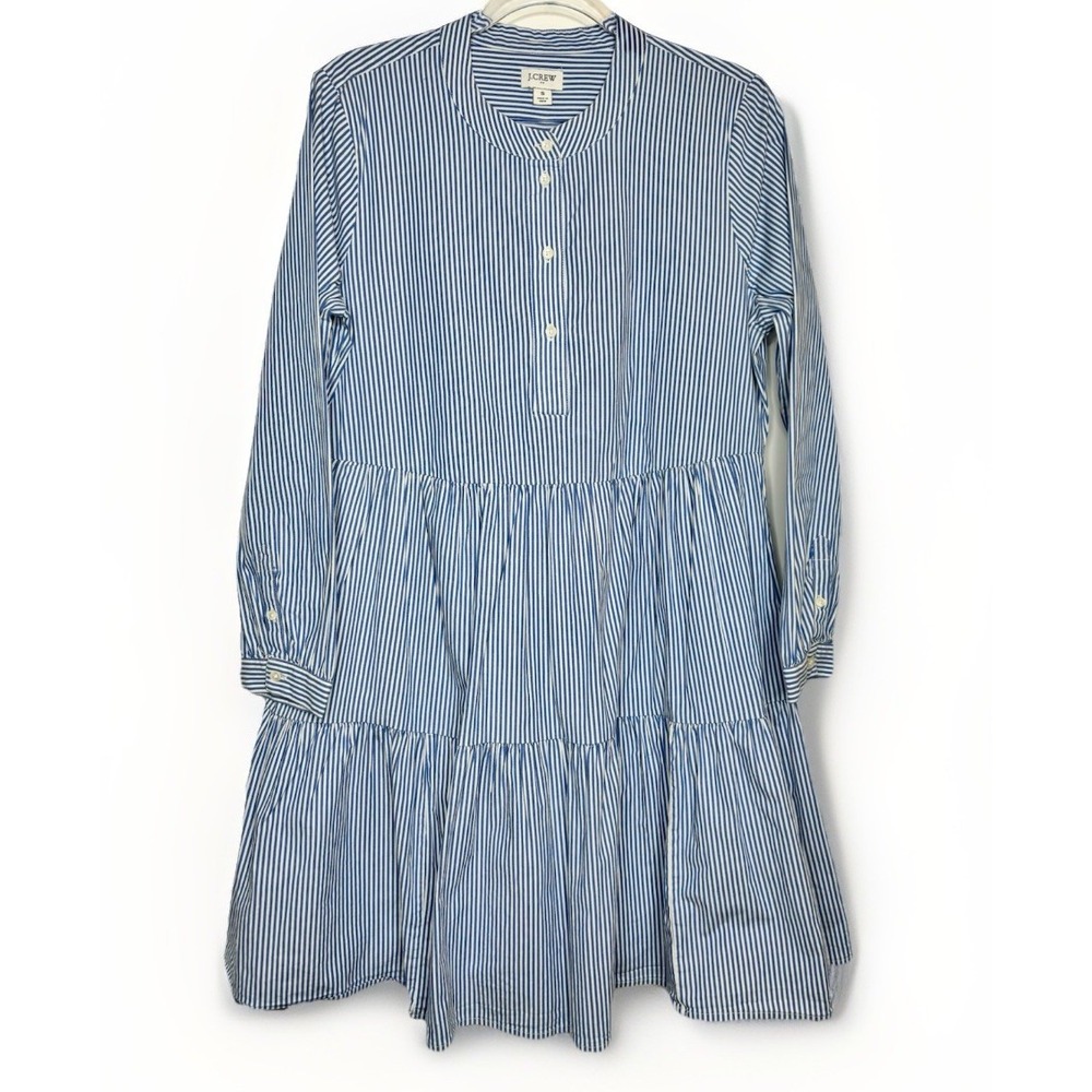 J. Crew Blue/White Striped Stretch Cotton Poplin Tiered Dress Pockets Small
